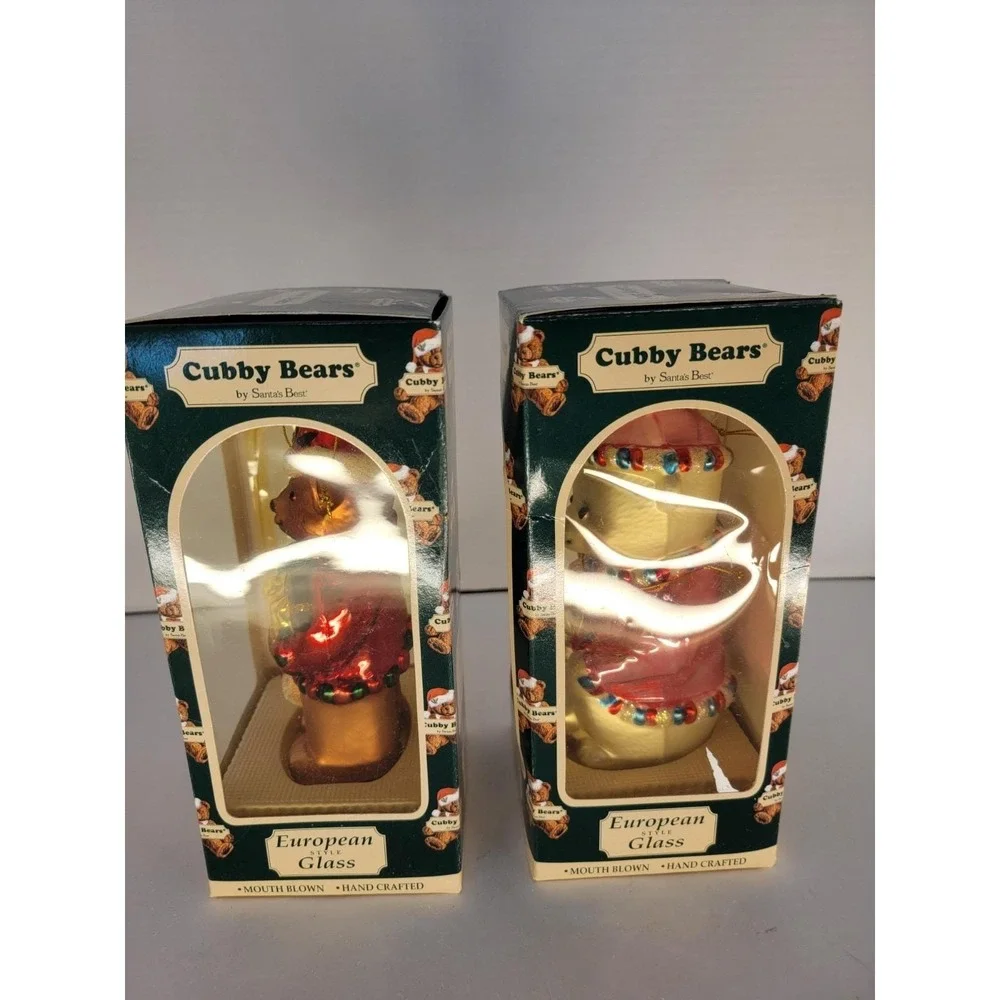Vintage 1997 Cubby Bears Santa's Best Glass Ornaments Pair NOS Boxed Bear